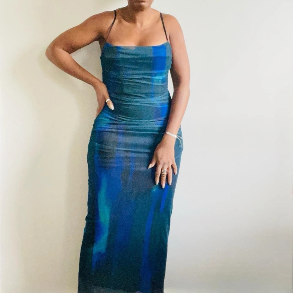 Zara blue printed tulle corsetry dress